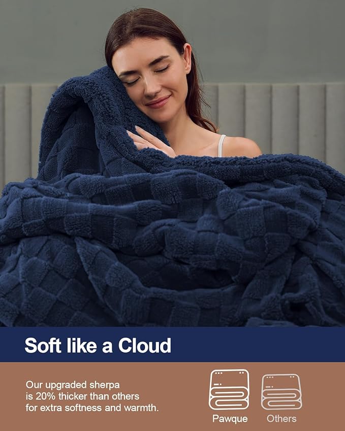 Pawque Super Soft Cozy Throw Blanket for Couch Bed - Fluffy Sherpa Fleece Reversible Thick Warm Fuzzy Blanket for All-Season, 3D Checkered Jacquard Elegant Decorative Blankets, Navy Blue, 50" x 60"