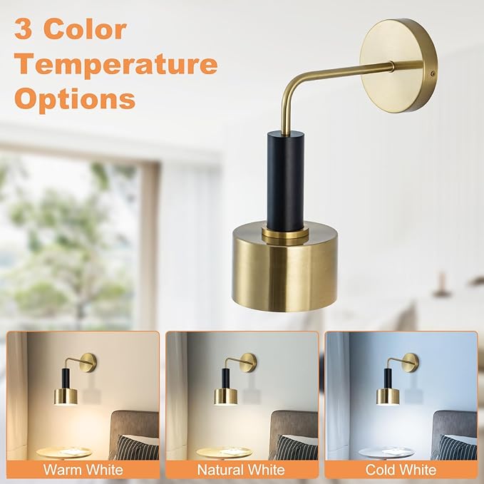 Battery Operated Wall Sconces Set of 2,Gold Wireless Sconce Wall Lighting with Remote Control Indoor,E26 Base Modern Led Wall Lamp Fixtures for Bedroom Living Room Hallway Corridor Porc