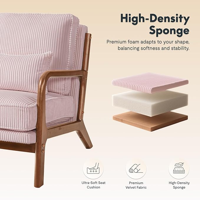 FLEXISPOT AC1 Mid Century Modern Accent Chairs Set of 2, Corduroy Upholstered Armchairs with Wood Frame, Thick Backrest & Lumbar Pillow, Comfy Reading Chairs for Living Room, Bedroom, Balcony (Pink)