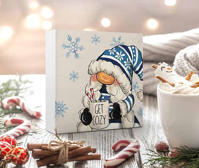 EIONEY Christmas Decorations,Blue Christmas Gnomes Get Cozy Wooden Box Sign,Seasonal Winter Holiday Decor for Home Bedroom Living Room Office,Winter Desk Accessories Decor,5x5 Inch