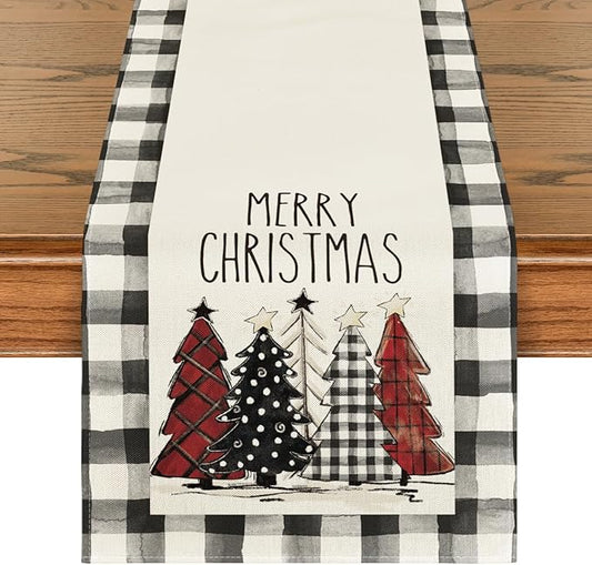 Artoid Mode Waterclor Buffalo Plaid Christmas Trees Merry Xmas Table Runner, Seasonal Winter Holiday Kitchen Dining Table Decoration for Indoor Outdoor Home Party Decor 13 x 48 Inch