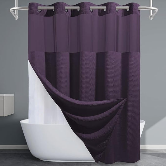 Purple Long Hotel Style Shower Curtain with Snap in Liner - 230GSM Waffle Textured,Hotel Grade,Spa Like Bath Curtain,71W x 86H