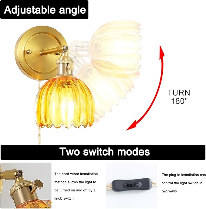 Plug in Vintage Wall Sconces Set of Two, 180 Degree Adjustable Brass Vanity Lights Fixture with Amber Tulip Glass Lampshade, Modern Wall Lighting for Bedside Bedroom Bathroom
