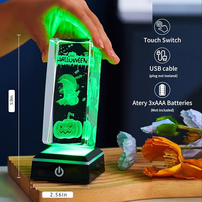 Crystal Night Light Halloween Decor Gifts for Women Men, 3D Pumpkin Ghost LED Lamp Spooky Halloween Home Party Decoration Gifts with Colorful Base