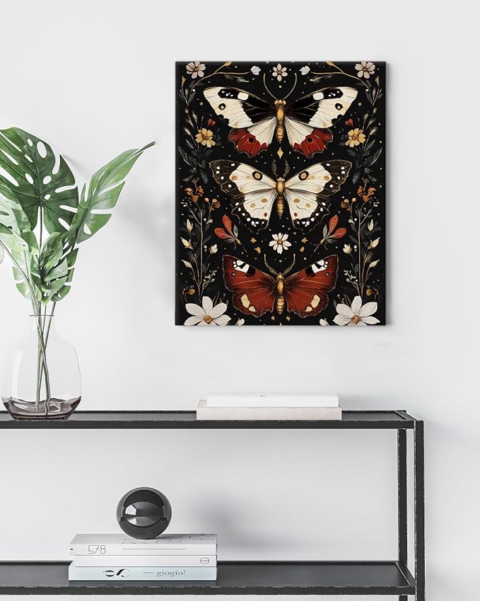 Aesthetic Moths Wall Art Decor Gothic Dark Academia Moth Canvas Print Poster Botanical Framed Painting Wall Decorations for Home Farmhouse Living Room Bedroom Decor 8x10 Inch