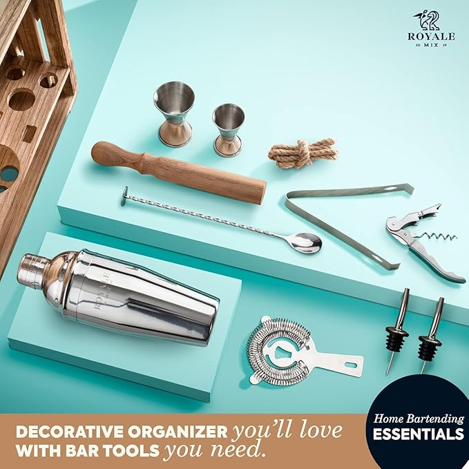 Cocktail Mixology Bartender Kit with Rustic Wood Stand - 11 Piece Bartender Bar Tool Set Cocktail Drink Mixer Shaker Set for Memorable Drink Mixing Bar Kit Experiences - Barware Set Bartending Kit