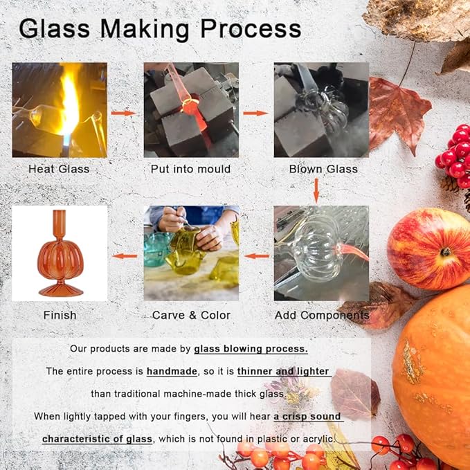 NEEDOMO Fall Decorations for Home, Set of 3 Glass Pumpkin Candlestick Holders for Thanksgiving Decor, Taper Candle Holder Fall Centerpieces for Tables Mantels Windows Indoor