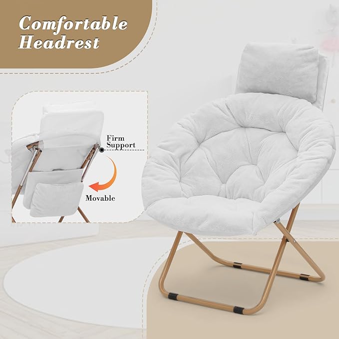 Athena Collection Comfy Saucer Chair with Headrest Oversize Round Cozy Chair Folding Chair Faux Fur Metal Frame Foldable Reading Chair Accent Chair for Bedroom Living Room Set of 2, White