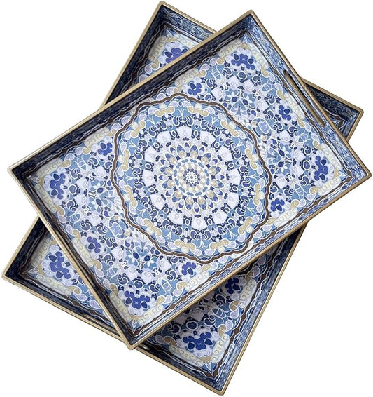 Boho Decorative Tray, Modern Blue Serving Tray with Handles, Ottoman Trays Set of 2, Plastic Coffee Table Tray for Living Room, Bathroom, Kitchen, Decor, Large 15.7”*11.8”, Small 13.7"*9.8"