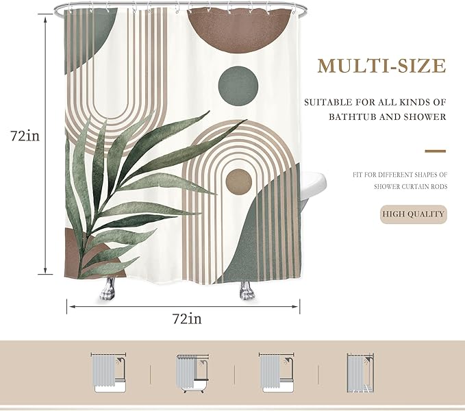 Glawry Boho Shower Curtain Brown Mid Century Abstract Plant Palm Leaves Modern Arch Curve Bathroom Minimalist Geometric Aesthetic 72Wx72L Inches Bath Accessories Art Home Decor Fabric 12 Pack Hooks