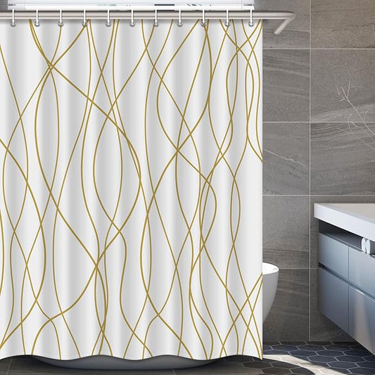 Punkray Gold Light Brown and White Striped Wavy Line Polyester Shower Curtain for Bathroom with Hooks, Extra Long Shower Curtain Set Decor Weighted Hem Washable, 72 x 78