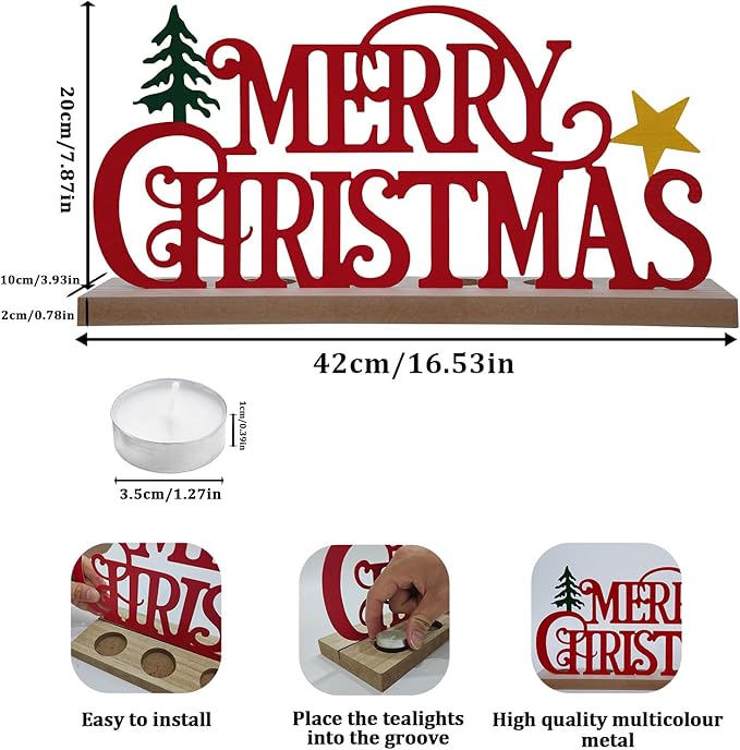 Metal Merry Christmas Sign, Tiered Tray Decor with 18 Pcs Tealights, Red Christmas Decorations Tea Lights Candles Holders for Home, Office, Shelf, Mantel, Indoor, Table, Winter Decoration