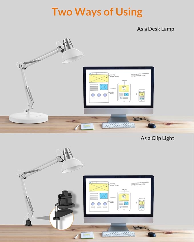 LEPOWER Metal Desk Lamp, Adjustable Goose Neck Architect Table Lamp with On/Off Switch, Swing Arm Desk Lamp with Clamp, Eye-Caring Reading Lamp for Bedroom, Study Room &Office (White)