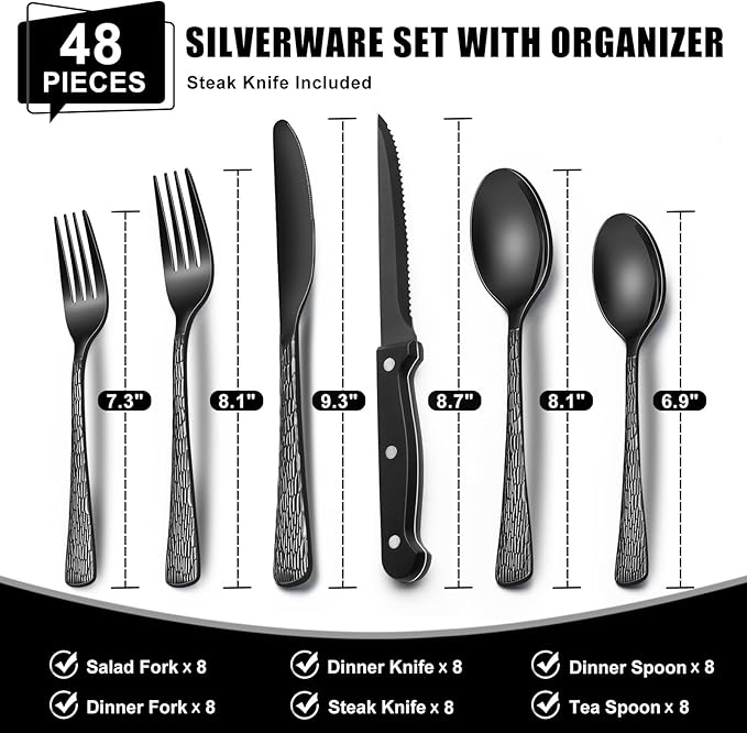 49-Piece Black Silverware Set with Organizer, Stainless Steel Tree Pattern Black Flatware for 8, Cutlery Utensil Sets with Steak Knives, Rust-proof, Mirror Polished, Dishwasher Safe