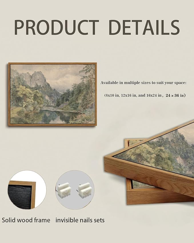 KISSFOX Vintage Framed Wall Art River Valley Landscape Canvas Wall Art Mountain Stream Natural Serene Countryside Paintings Artwork Rustic Art Prints For Bedroom Bathroom Living Room