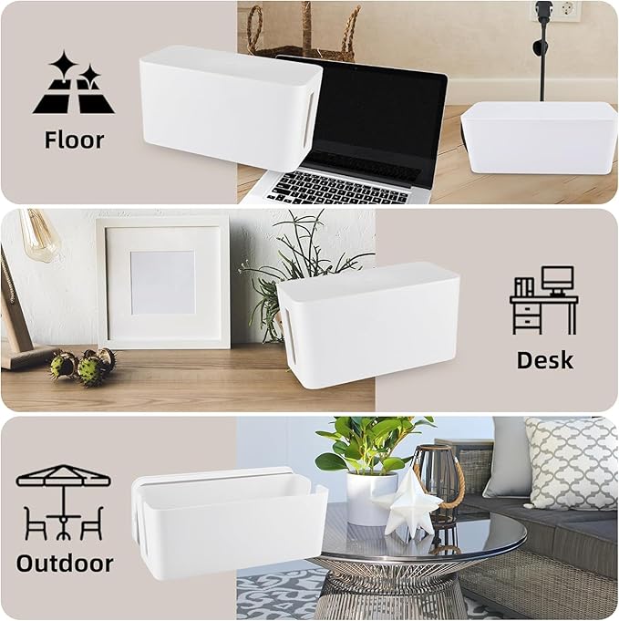 YaeCCC Cable Management Organizer Box Power Strips Hider Power Cords Hider for Desk, TV, Computer, USB Hub,Cords (Set of Three) White