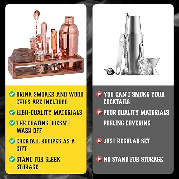 Bartender Kit with Whiskey Smoker - 13 pcs, Pine Stand - Bar Set with Cocktail Shaker, Bartending Kit with Essential Bar Accessory Tools, Wood Chips, Pink Gold