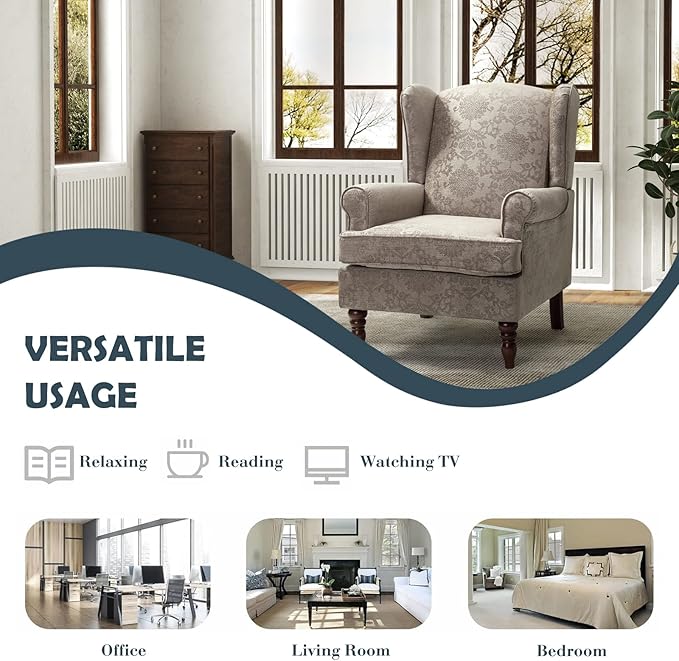 HULALA HOME Wingback Accent Chair with Retro Wood Legs, Traditional Fabric Armchair for Living Room Bedroom, Comfy Upholstered Single Sofa Chair Reading Chair with Unique Pattern Design, Brocade