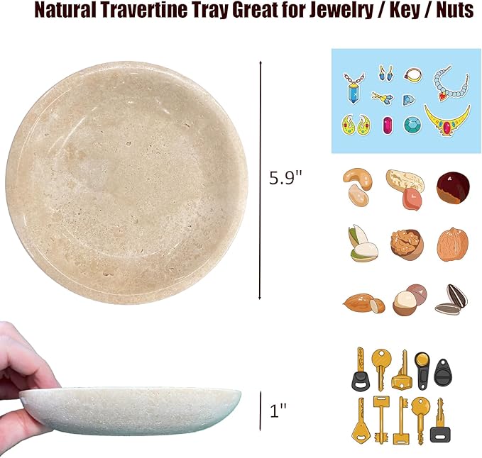 5.9" Round Travertine Ring Dish Jewelry Tray, Marble Trinket Dish Tray, Nightstand Decor, Coaster, Soap Dish, Sponge Holder for Bathroom, Beige