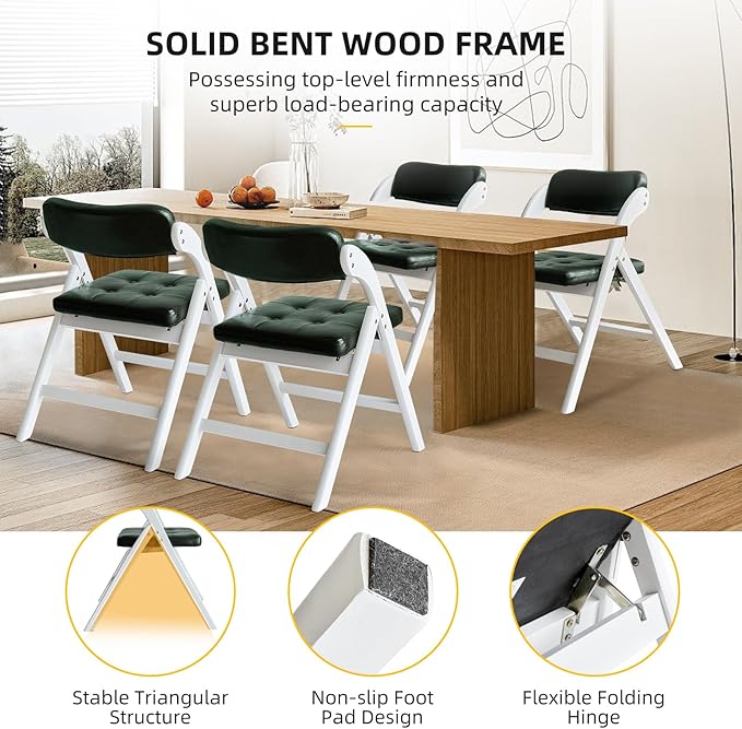 Padded Folding Chairs with Cushion, Stackable Wooden Foldable Chair Set of 2, Padded Folding Chairs with Cushion for Guests Kitchen, Office, Wedding, Picnic, Party Chair (White Green)
