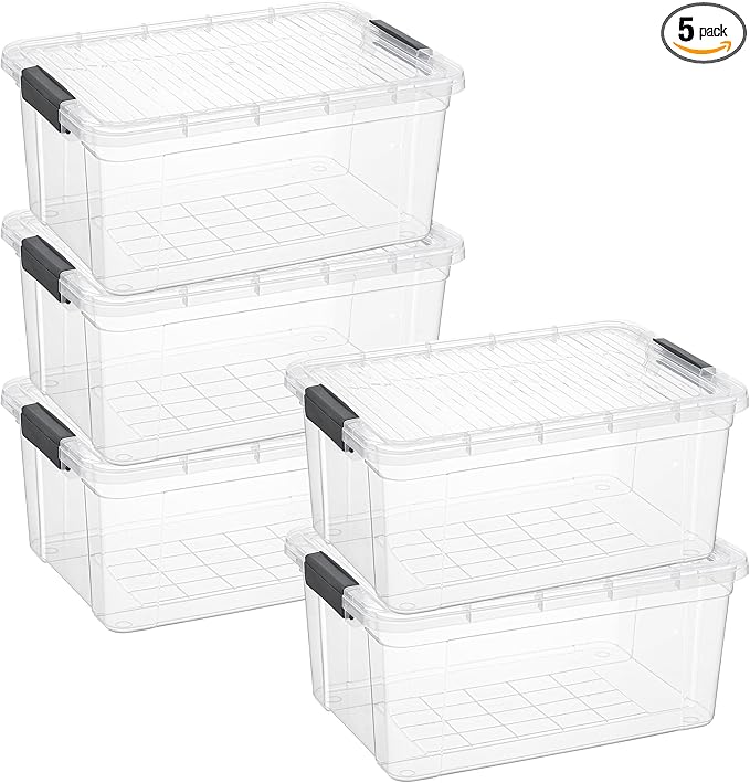 Superio Clear Storage Boxes with Lids, 21 Quart BPA Free Plastic Containers, Bins for Organizing, Stackable Crates, Organizer Totes for Home, Office, School, and Dorm, 5 Pack