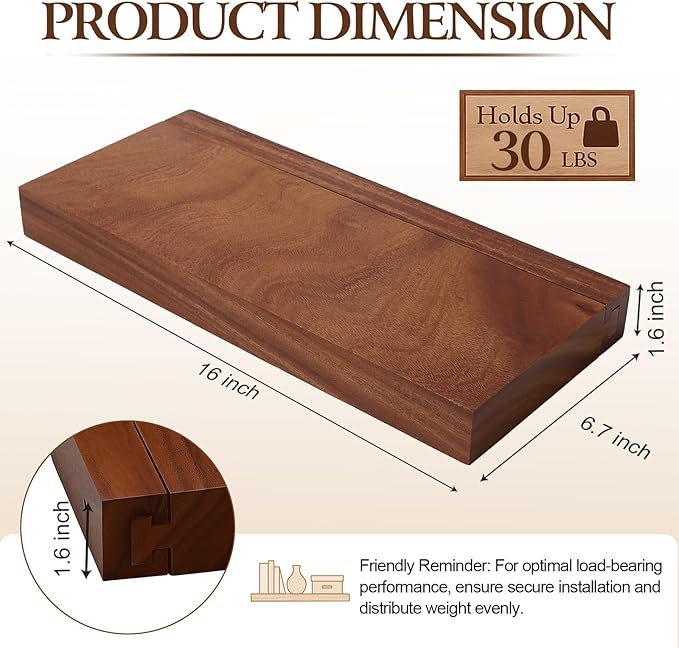 Solid Walnut Floating Shelves for Wall, 16"*6.7"*1.6"Real Thick Wood Mounted Wall Display Shelf with Joinery for Home Decor, Bathroom,Kitchen Set of 1（Natural Walnut Brown）