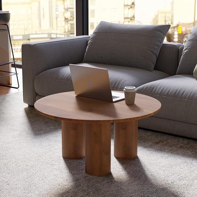 Relso Gaia Round Coffee Table, Natural Mango Wood Coffee Table with Wood Grain and Sturdy Finish | Perfect for Living Room and Farm House - Sturdy, Durable, Ideal for Patio Decor (Walnut, 18 inch)