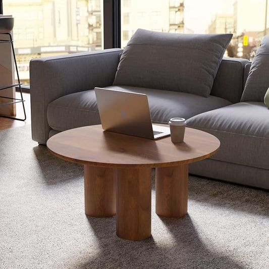 Relso Gaia Round Coffee Table, Natural Mango Wood Coffee Table with Wood Grain and Sturdy Finish | Perfect for Living Room and Farm House - Sturdy, Durable, Ideal for Patio Decor (Walnut, 18 inch)