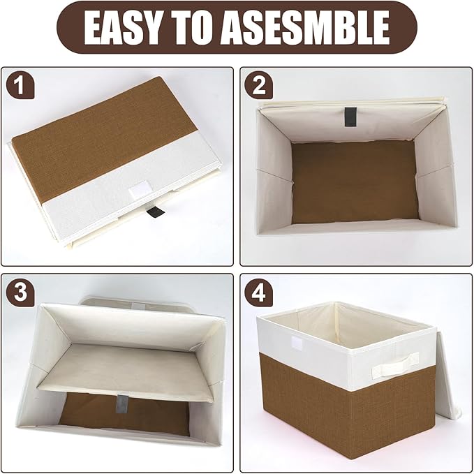 Large 22 Quart Linen Fabric Foldable Storage Bin Cube Organizer Basket with Flip-Top Lid & Handles, Clothes Blanket Box for Home, Office, Closet, Brown & White, 4 Pack 14.6 x 9.5 x 9.5