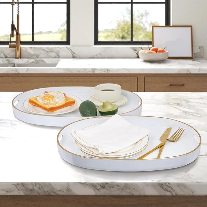 MAONAME White Serving Trays with Handles, Oval Decorative Trays for Coffee Table, Nesting Tray Set of 2, Plastic Vanity Tray for Ottoman, Living Room