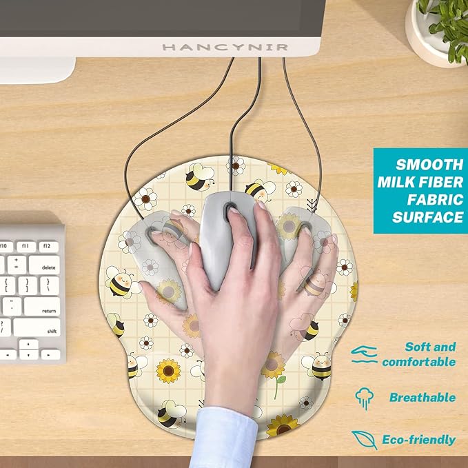 Sunflower Bee Ergonomic Mouse Pad with Wrist Rest, Cute Gel Mousepad Wrist Support, Computer Gaming Mouse Pad with Pain Relief Non-Slip PU Base for Desk Accessories Office Decor Supplies