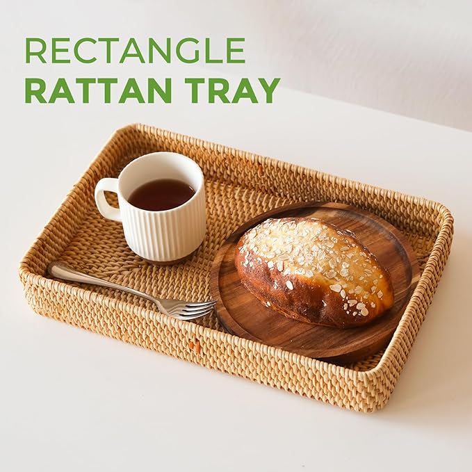 Wicker Storage Basket, Rattan Tray Rectangular for Bathroom Living Room, Decorative Serving Woven Trays Wicker Baskets for Organizing, Woven Seagrass Tray for Storage Home Decor L(14.6" × 9.1")