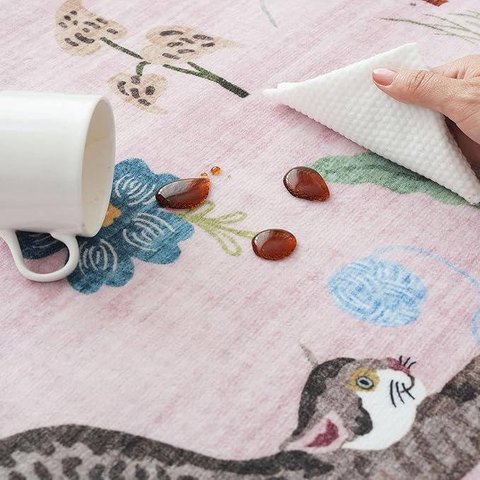 Rugcomf Bedroom Rug 3x5 Rug Washable Area Rug Non Slip Low Pile Boho Floral Animal Cat Small Carpet for Bedroom Bedside Kitchen Entryway Kids Room Office College Dorm Essentials for Girls, Pink