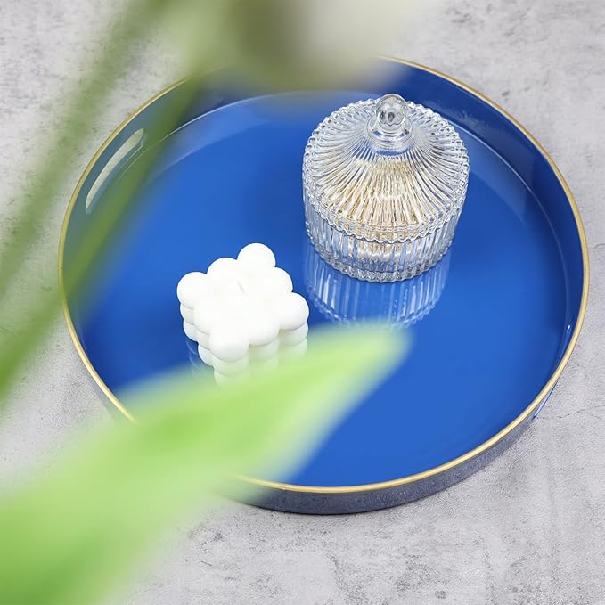 Spsyrine Round Navy Blue Decorative Tray, 13" Plastic Serving Table Tray with Handles for Breakfast,Modern Ottoman Tray for Coffee Table, Bathroom, Kitchen, Living Room