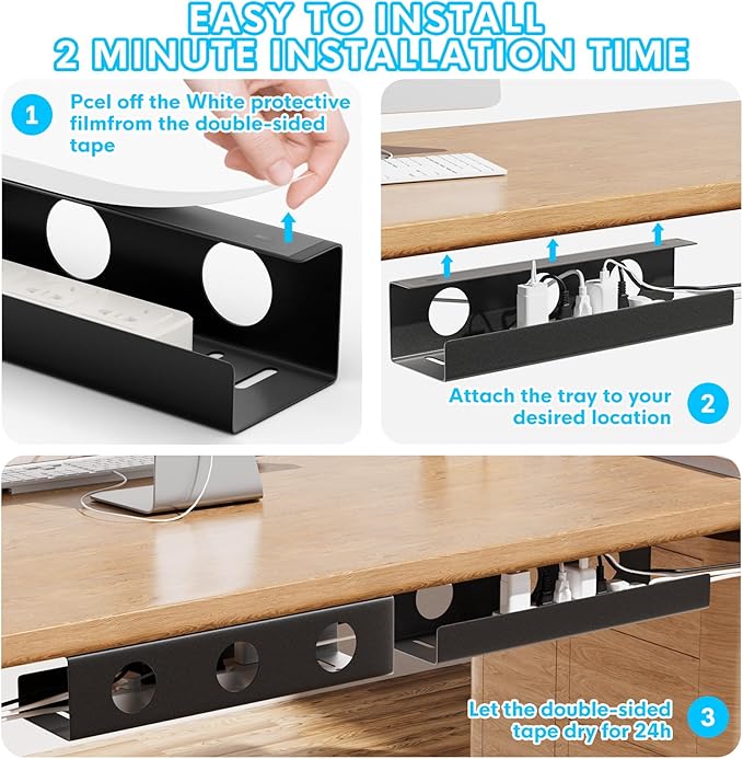 Self-Adhesive Under Desk Cable Management Tray 2 Pcs Steel Under Desk Wires Organizer Power Strip Management No Drill Under Table Organizer for Cable Storage Holder for Office Home Desk/Table