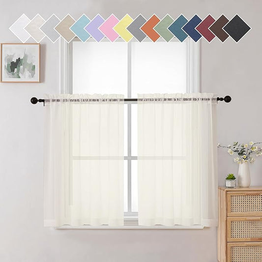 Aiyufneg Ivory Sheer Curtains 36 inch Length Kitchen Tiers Short Voile Curtains/Drapes Solid Sheers Cafe Curtains Voile Bathroom Small Half Window Curtains 2 Panels Set, Rod Pocket, 40" Wx36 L
