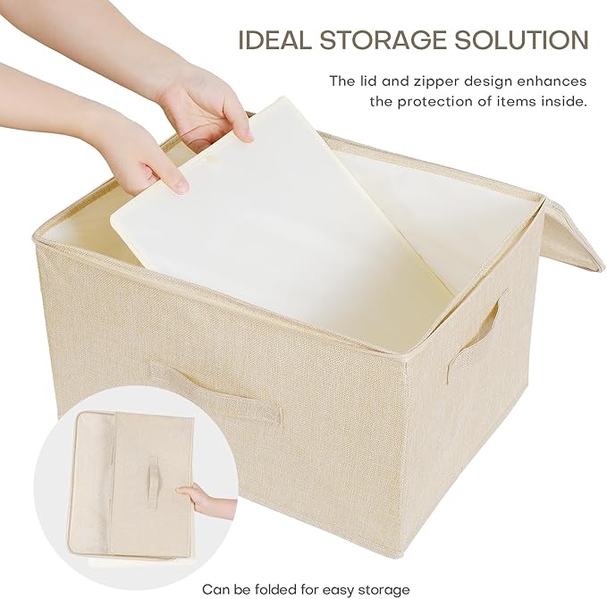 ANMINY 3PCS Storage Bins with Zipper Lids 51.9 Qt Lidded Fabric Storage Boxes Baskets Cubes with Handles Collapsible Washable Cotton Linen Closet Shelf Clothes Organizer - Beige, Extra Large