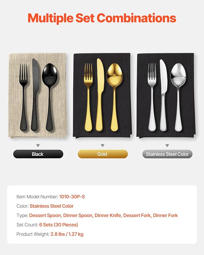 VEVOR 30-Piece Silverware Set, Food-Grade Stainless Steel Flatware Utensils, Mirror Finished Cutlery Set, Dishwasher Safe Eating Tableware for Kitchen Home, Service for 6, Include Knife Fork Spoon