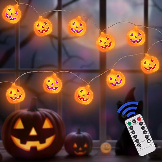 ArtCreativity 8.2 FT Halloween Pumpkin String Lights with Remote - 10 LED - Orange Jack-O-Lantern Decorations for Outdoor & Indoors - Cute Halloween Party Supplies - Battery Powered Pumpkin Deco
