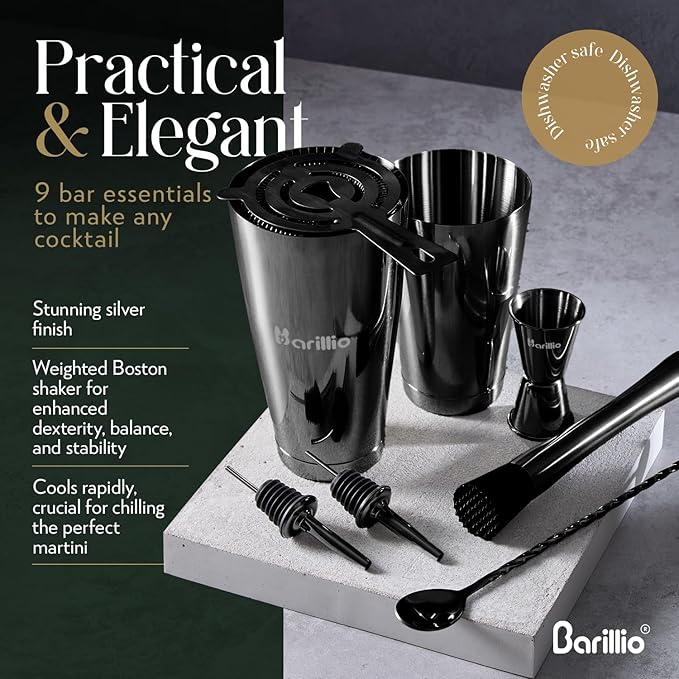 Barillio Black Boston Shaker Set - Stainless-Steel, Weighted Martini Cocktail Shaker Set w/Strainer & Mixer - Mixology Bartender Kit - Bar Set for The Home - 9-pc Drink Set - Bar Tools