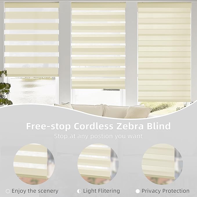 ChrisDowa Cordless Zebra Blinds for Windows, Dual Layer Free-Stop Light Filtering Window Roller Shades, Pull Down Privacy Zebra Shades for Home, Office, Bedroom, Door (46" W x 72" H, Beige)
