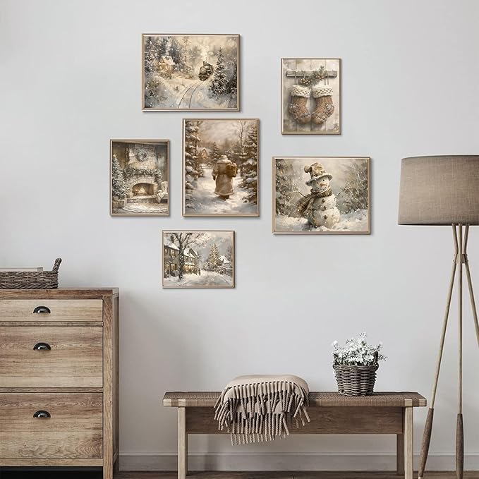 Vintage Christmas Wall Art Prints Set of 6 Warm Winter Santa Snowman Posters Prints Neutral Snowy Landscape Xmas Aesthetic Wall Decor Pictures for Gallery Living Room Bedroom Unframed (3pcs 8x10in+3pcs 11x14in)