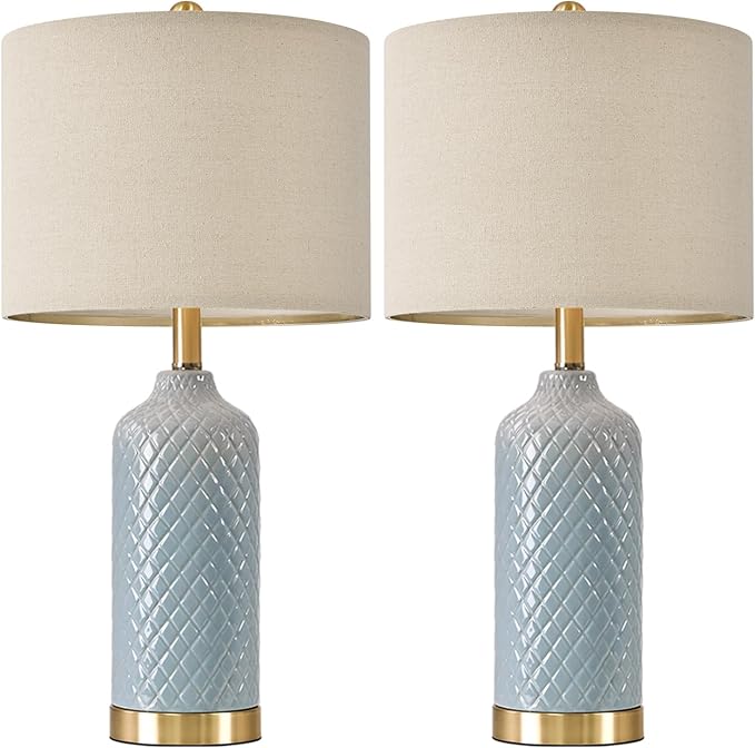 24.25" Modern Ceramic Blue Table Lamps Set of 2 for Living Room, Farmhouse, Bedside, Coastal Bedroom, Side & End Tables