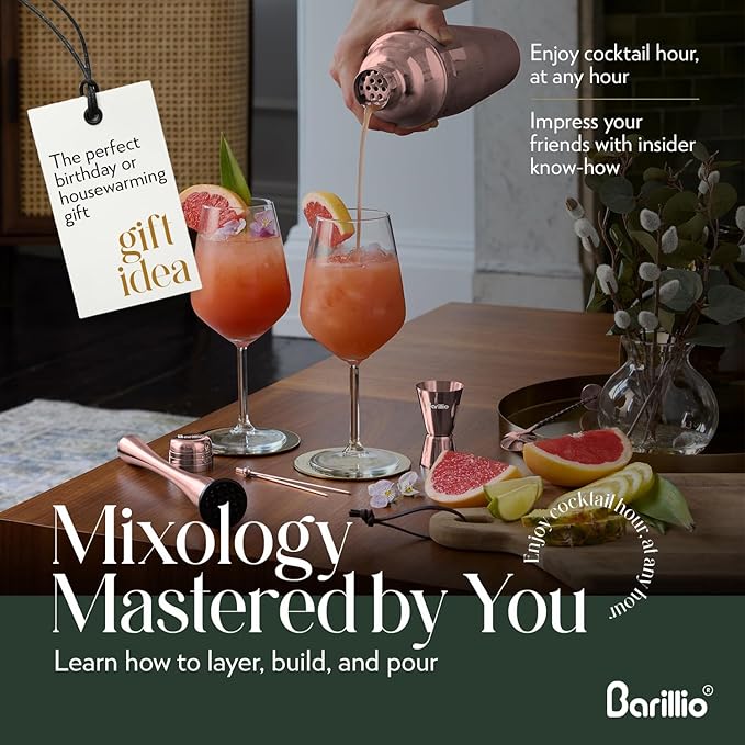 Barillio Rose Gold Mixology Bartender Kit - 8 pcs Stainless Steel Travel Cocktail Shaker Set with Bag - Copper Bar Tools Set | Martini Shaker, Drink Mixer Spoon & Mojito Muddler, Pourers & Jigger