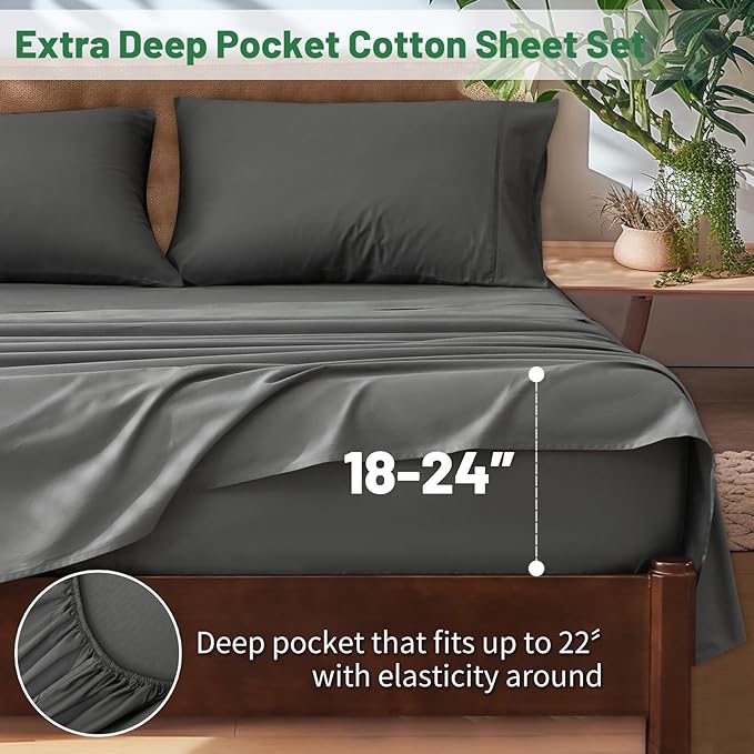 Extra Deep Pocket Queen Sheets 18-24 Inch 100% Egyptian Cotton 1000 Thread Count Sateen Weave Soft Breathable 4 Pieces（Queen,Dark Grey）