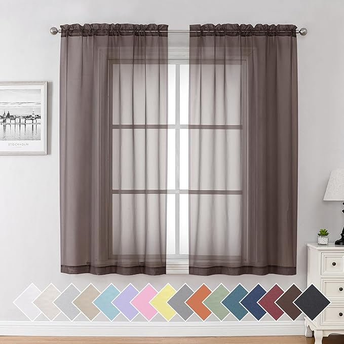 Aiyufeng Chocolate Sheer Curtains 63 Inches Long 2 Panels, Solid Voile Top Dual Rod Pockets Stylish Breathable Drapes Window Treatment for Kid's Room/Bedroom/Living Room, 40W x 63L, Chocolate Brown