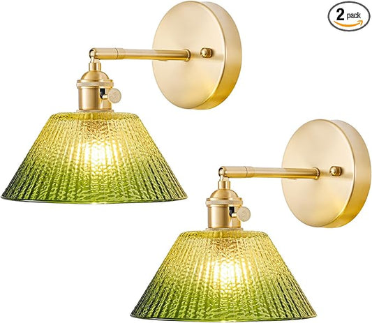 Wall Sconces Set of Two Hardwired, Vintage Wall Light with Gradient Green Glass Lampshade, Bathroom Wall Sconces with Switch, Gold Wall Light Wall Decor Set of 2