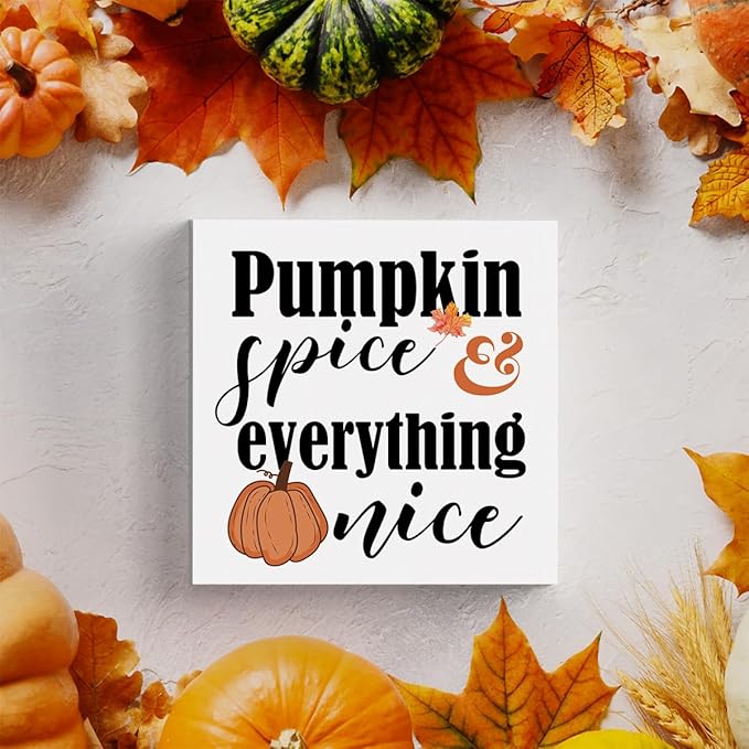 HTBIG Fall Wooden Box Sign Desk Decor, 5.1 X 5.1 Inch Pumpkin Autumn Wood Sign for Tiered Tray Decor for Home Living Room Harvest Day Thanksgiving Tabletop Decor-Pumpkin Spice Everything