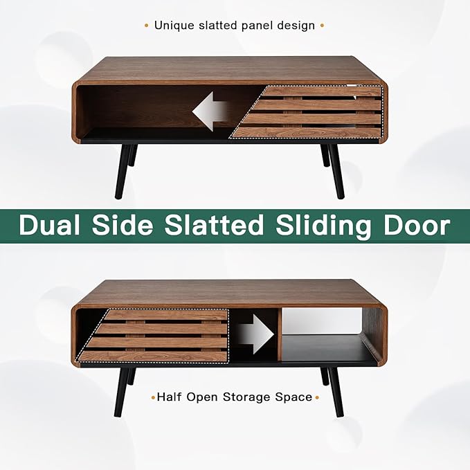 Wood Rectangle Coffee Table with Storage, Mid Century Modern Coffee Table, Living Room Center Table for Home, Apartment, Office, Walnut/Black