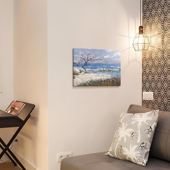 amatop Coastal Wall Art Small Bathroom Bedroom Kitchen Decor, Serene Pink Blossom Floral Tree Shore Calm Sea Beach Landscape Canvas Print Blue Ocean Scenery Abstract Nature Artwork for Walls 16x12 In